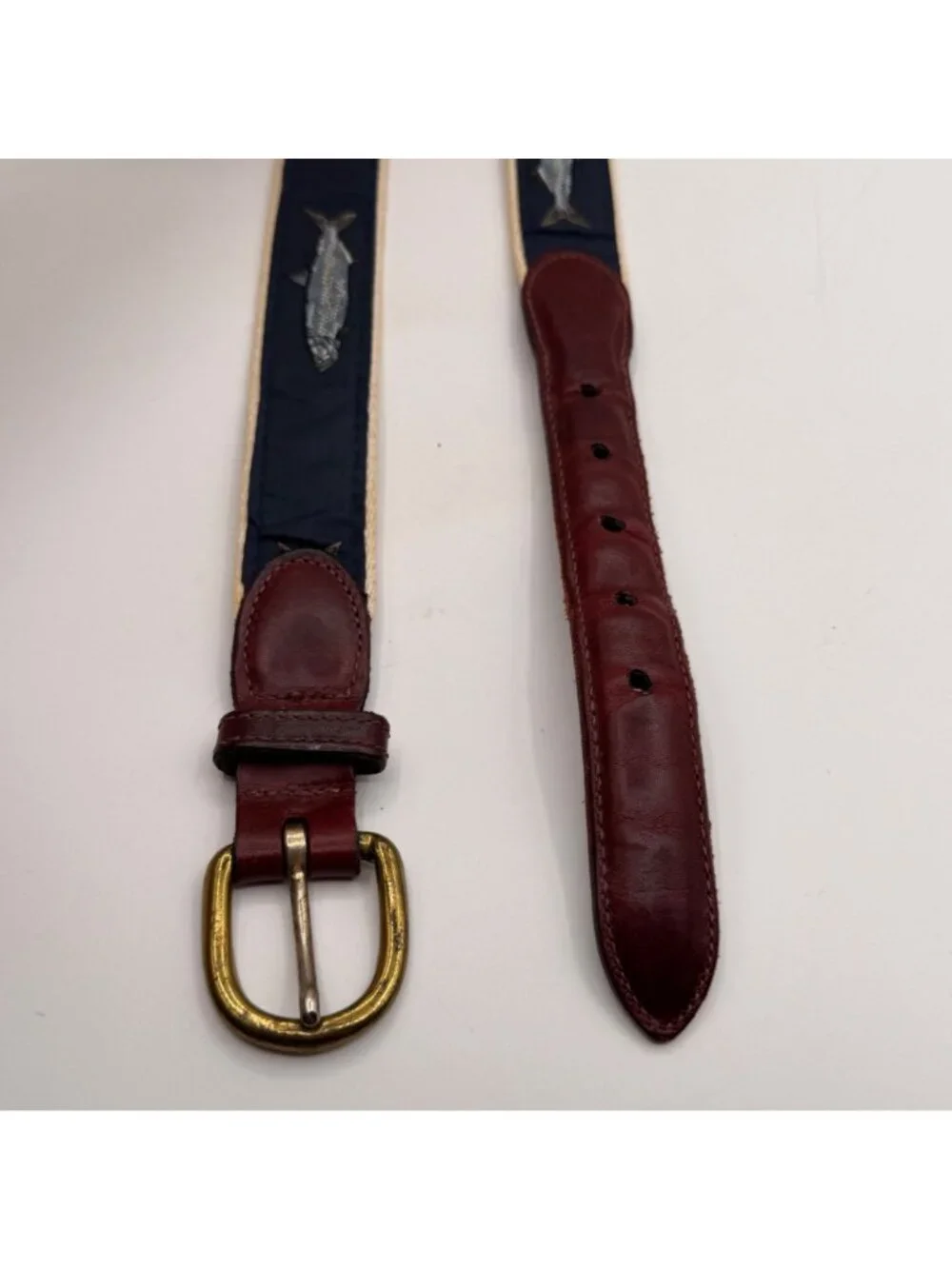 Vintage Barrons-Hunter Canvas & Leather Navy Blue Fish Print Belt Preppy Size 44